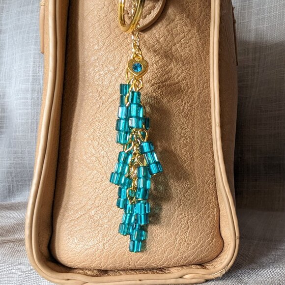 TURQUOISE & GOLD BEADED CHARM FOR HANDBAG PURSE TOTE BACKPACK OR KEYCHAIN - Picture 1 of 7